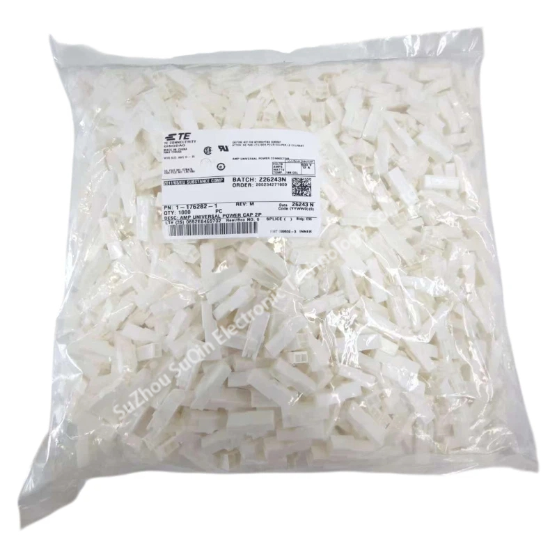 Original factory sealed bulk package of 1-176282-1 AMP Universal Power cap housings showing standard clear bag packaging and identification label.