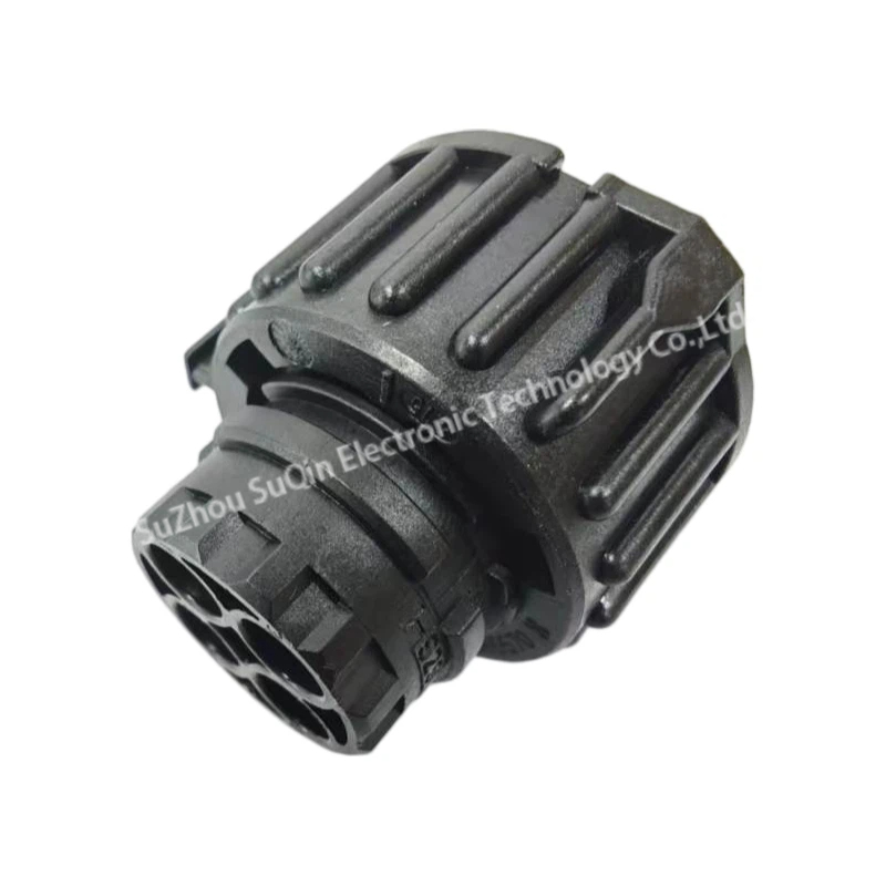Side isometric profile perspective of the 1-968968-1 circular automotive connector body highlighting the heavy-duty external reinforcement ribs and locking groove arrangement.