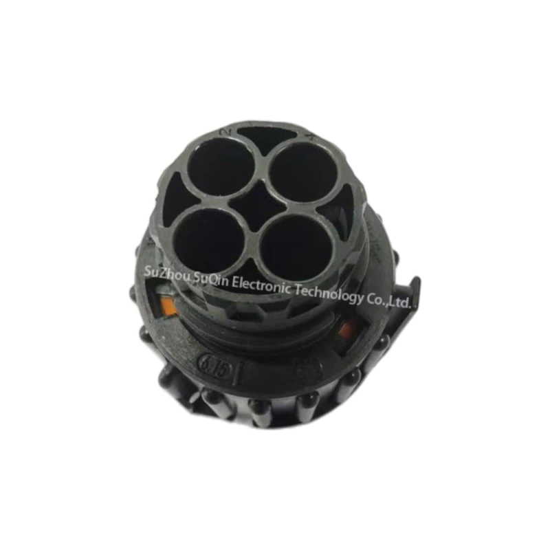 Rear view focus on the 1-968968-1 4-position wire-to-wire connector housing showing the circular 180-degree cable exit channel configuration.