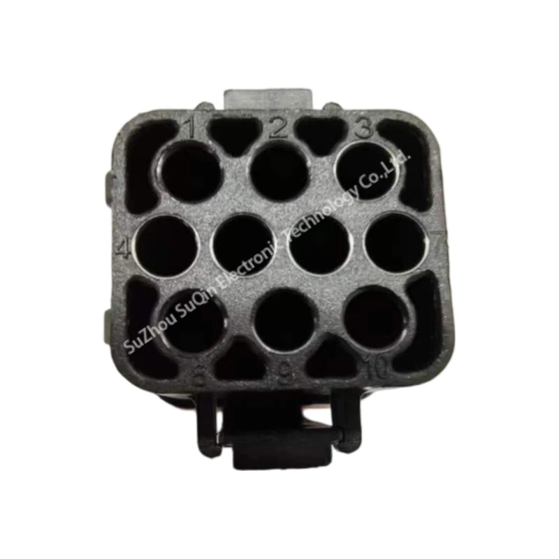 Rear wire entry face of the Amphenol TSL-FPD10SB connector showing the 10-way cavity grid with molded numerical pin markers from 1 to 10.
