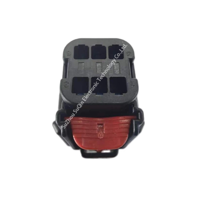 Front mating face of the 33472-0606 connector revealing six empty socket contact cavities and Keying Option A structural details.