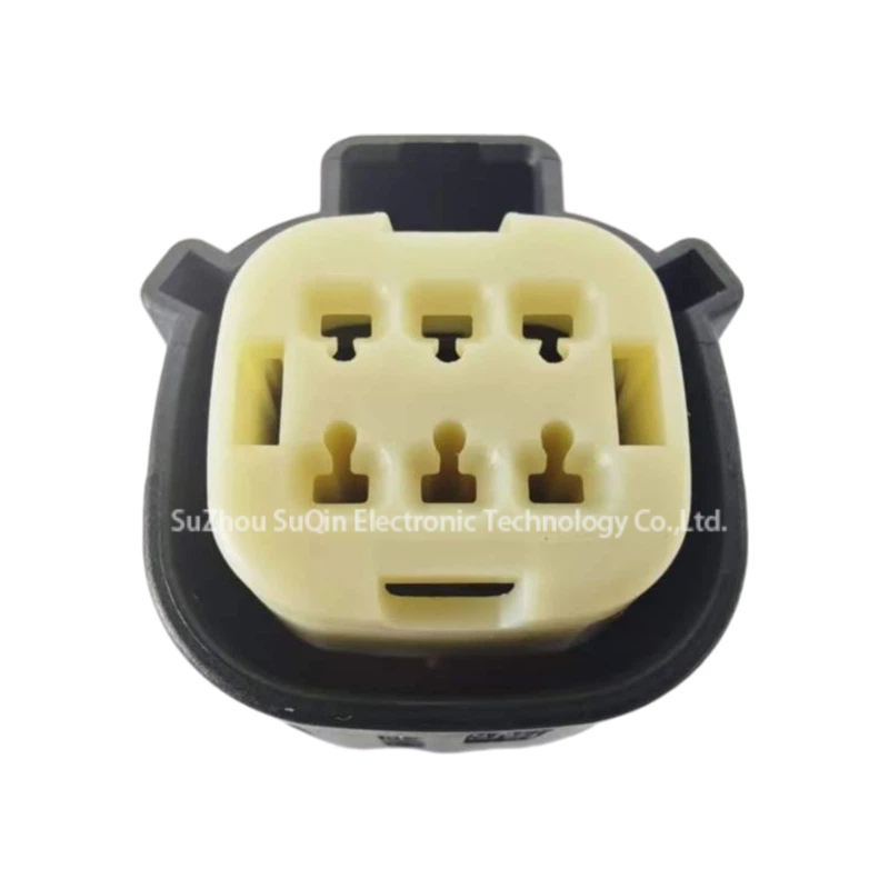Rear wire entry view of the 33472-0606 MX150 connector showing the yellow mat seal with six individual wire insertion ports.