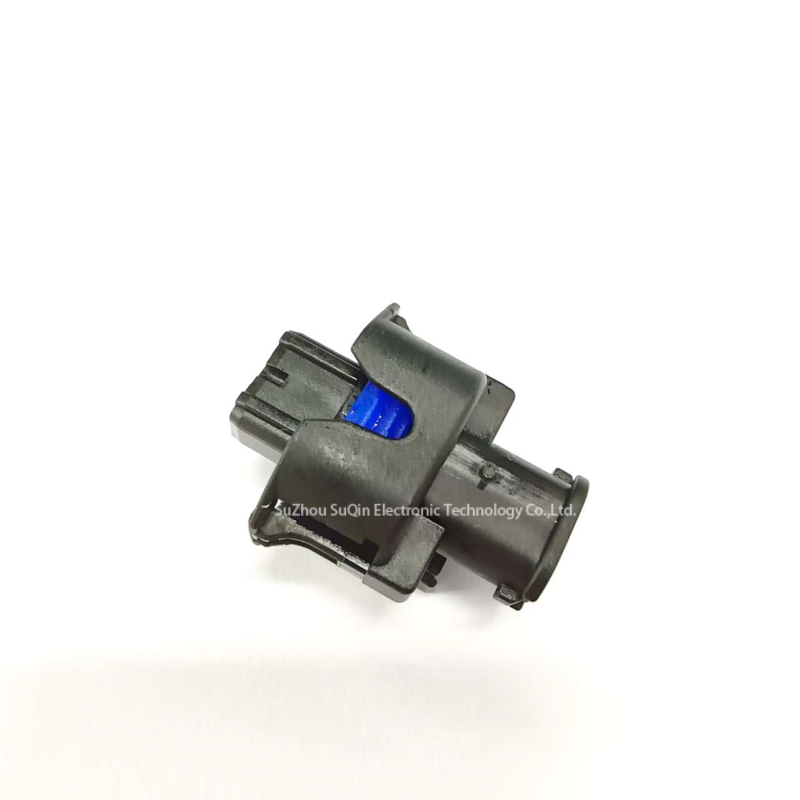 Front view of TE 936059-2 automotive connector housing, black PA66 material, 2 position layout.