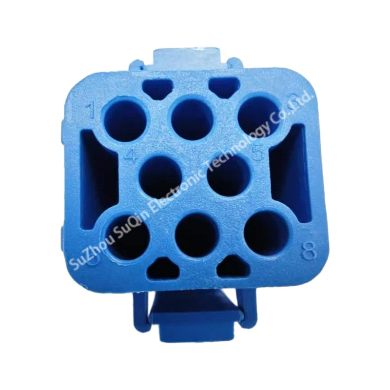 Front mating interface view of the 8-position TSL-FPD08SL blue plug connector showcasing the isolated terminal cavities numbered 1 through 8.