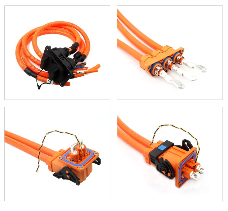 Heavy-duty orange high-voltage electric vehicle cabling and connectors integrated into an 800V powertrain distribution unit configuration.