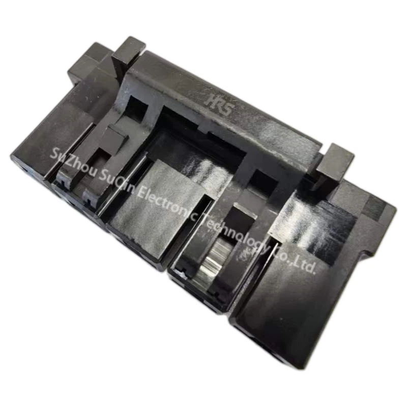 Perspective close-up view of the Hirose DF60A-5S-10.16C socket housing highlighting the positive latching mechanism and HRS brand marking.