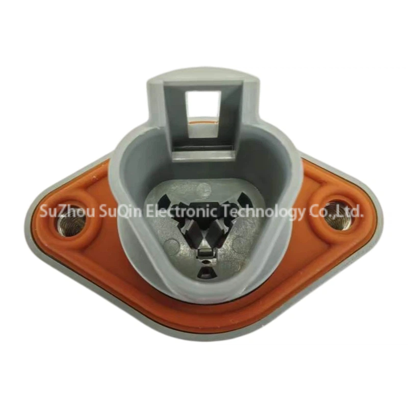 Front mating interface view looking straight into the receptacle cavity of the Amphenol AT04-3P-PM05 to show the triangular contact alignment channels, latch holder clip, and orange perimeter flange gasket.