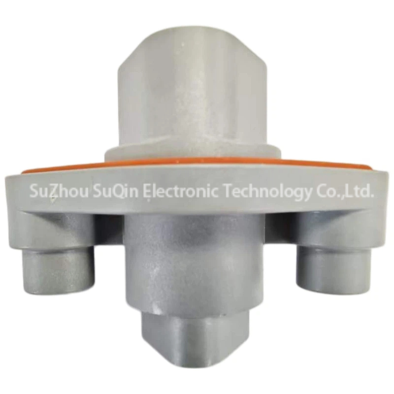 Side profile view focusing on the thermoplastic receptacle housing structure, mounting flange alignment, and integrated fastening columns