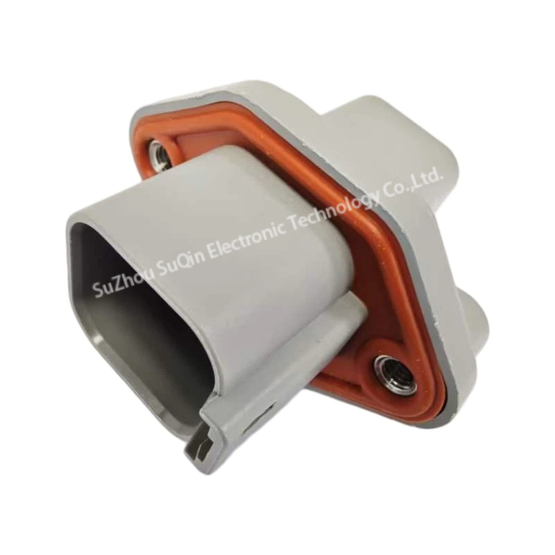 Isometric view of the AT04-6P-PM05 gray panel mount receptacle, showing the forward-facing coupling shroud and the integrated orange sealing flange.