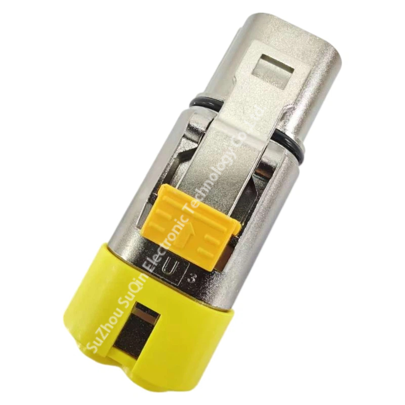 Side profile view of the Amphenol PL182U-61 (MFG EX-HA004283) connector highlighting the yellow Key U slider clip and metal housing latch lock assembly.