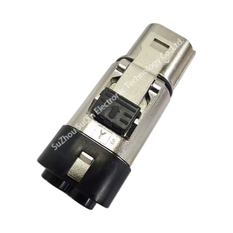 Profile view of the Amphenol PL182Y-61-4 EV plug connector highlighting the "Y" keying mark, metal housing, and black locking clip mechanism.