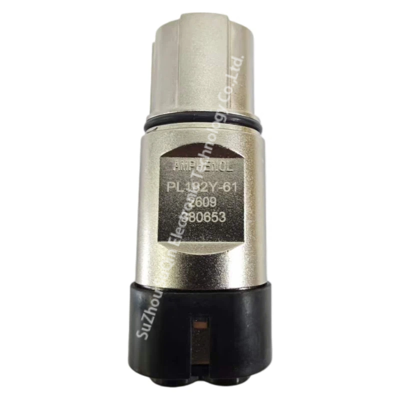 Close-up side view of the PL182Y-61-4 metal connector body showing the laser-etched markings "AMPHENOL PL182Y-61" and perimeter sealing O-ring.