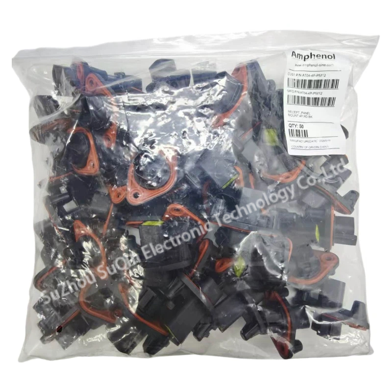 riginal Amphenol Sine Systems transparent bulk packaging bag showing multiple AT04-4P-PM12 units and white tracking label with a lot quantity of 50.