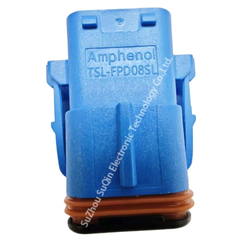 Close-up macro view of the molded Amphenol company name logo and TSL-FPD08SL part number text on the blue nylon housing shell surface.