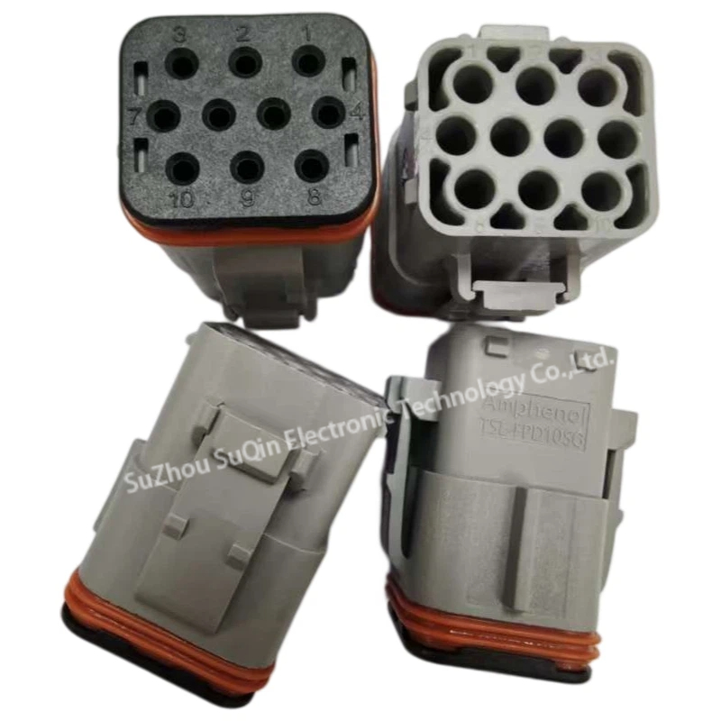 Multi-angle showcase layout of Amphenol TSL-FPD10SG 10-position gray sealed connector plug assemblies showing the mating shroud, rear grid, and locking mechanism.