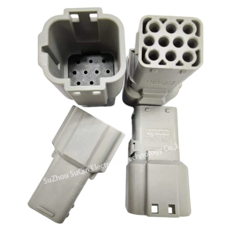 Full group showcase of Amphenol TSL-FRD10PG 10-way sealed gray receptacle housing assemblies highlighting their rugged industrial shell layout.