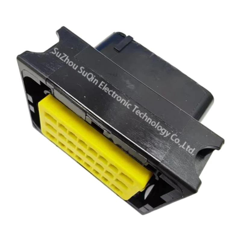Angled close-up view of the 211PC249S0023 automotive connector receptacle highlighting the prominent yellow terminal position assurance lock insert.