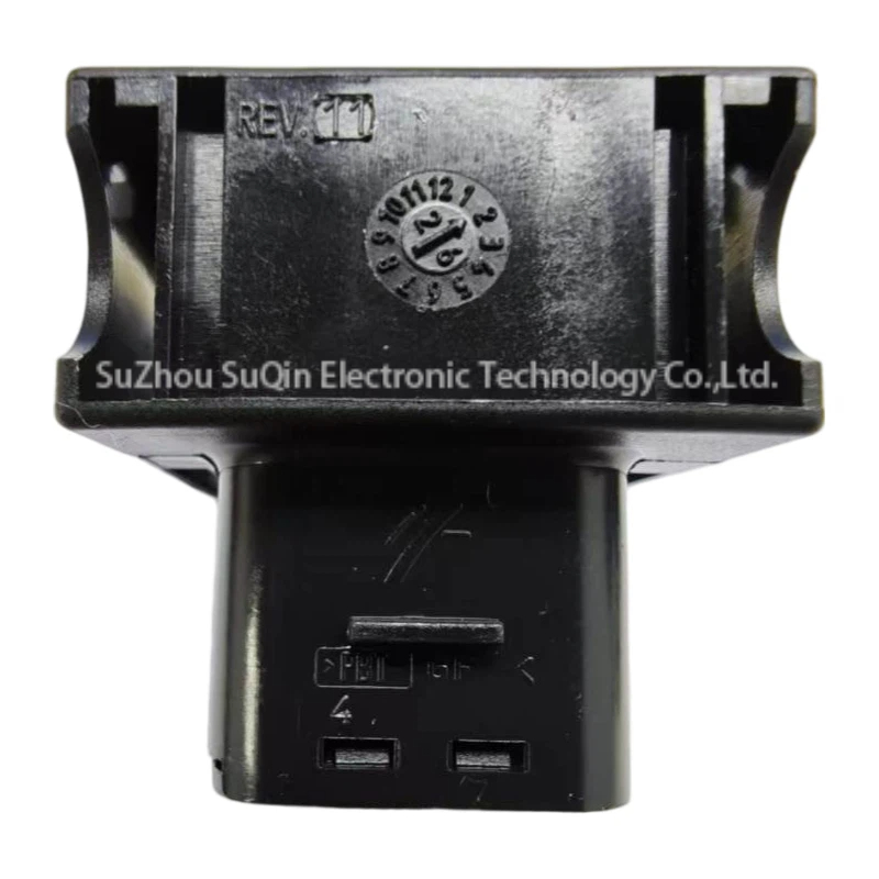 Side profile perspective of the black thermoplastic 211PC249S0023 connector housing displaying the molded material specifications and manufacturing markings.