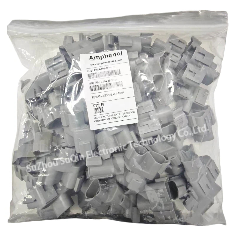 Industrial bulk packaging of Amphenol AT04-3P-RY01 receptacle housings at Suzhou Suqin.