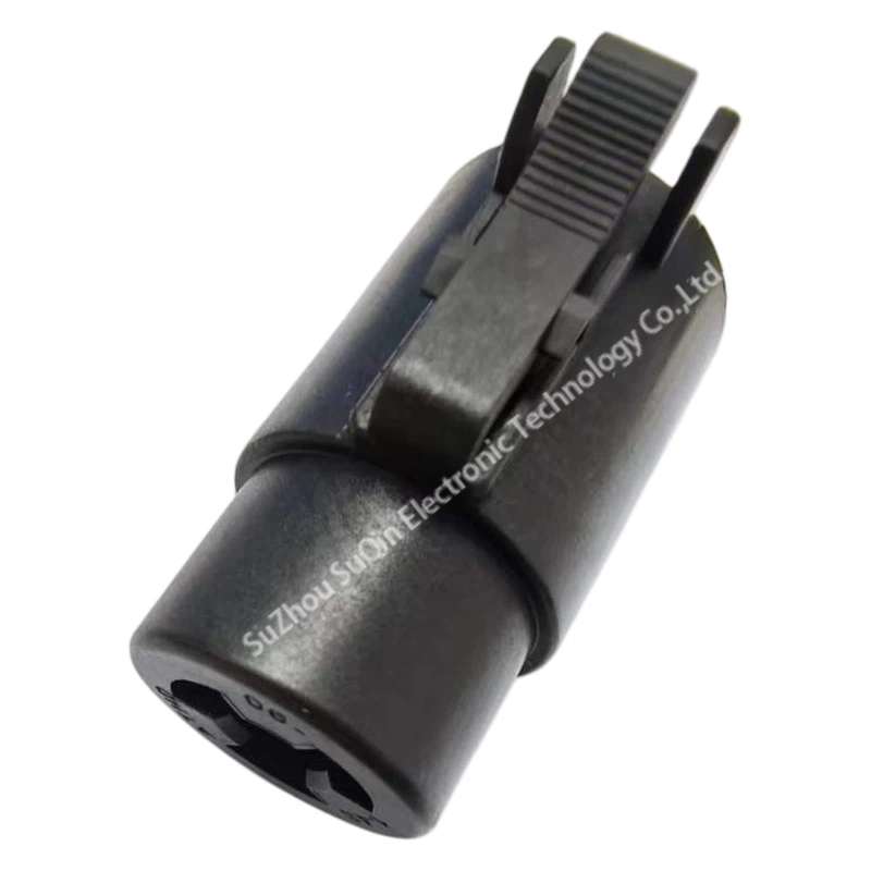 Close-up top view of the black thermoplastic ATHD06-1-4S connector emphasizing the integrated heavy-duty mechanical locking latch.