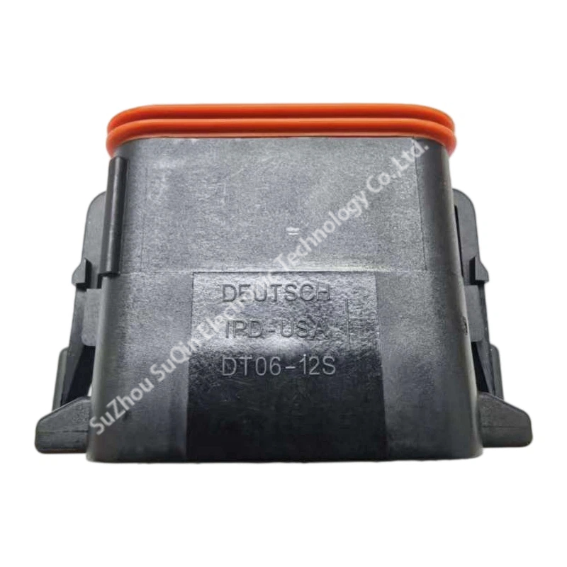 Back view of a black DT06-12SB connector housing highlighting the molded DEUTSCH IPD-USA logo and DT06-12S model marking.