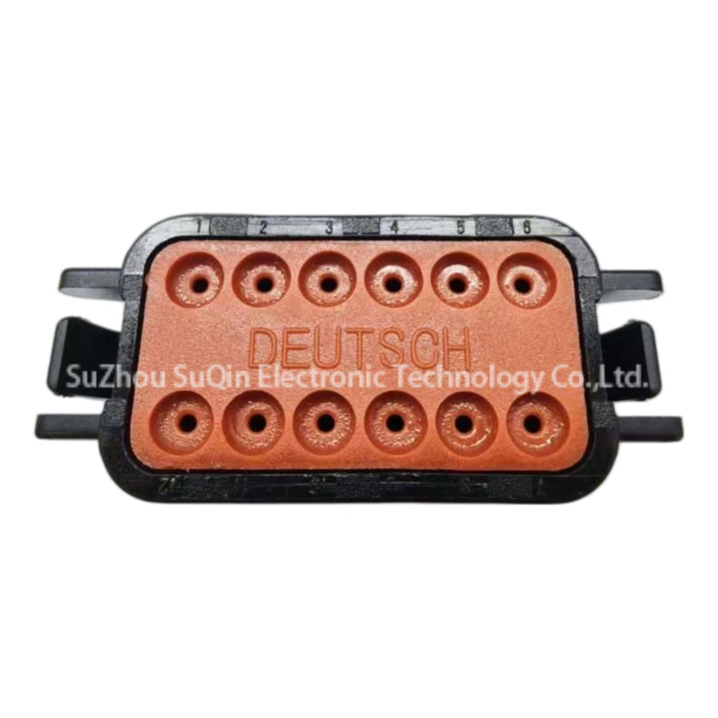 Rear wire entry view of a black DEUTSCH DT06-12SB connector showing the orange silicone wire seal with numbered chambers 1 to 12.