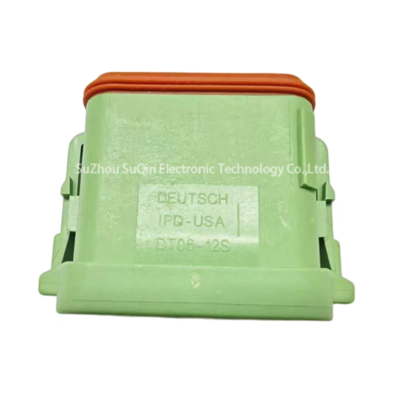 Side view of the green DT06-12SC-EP06 housing highlighting the integrated locking latch.