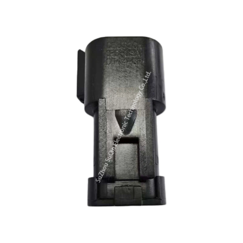 Side profile of the DT04-3P-EP10 black housing highlighting the integrated primary locking latch for secure mating.