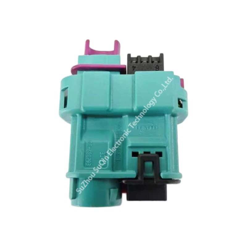 Flat side profile view of Rosenberger E6Z089-000Z water blue automotive RF housing showcasing the premium molded plastic latching ribs and official H-MTD series designation.