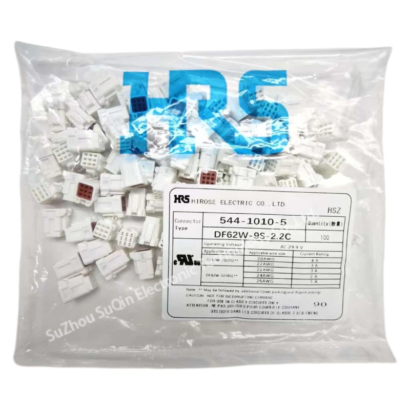 Original Hirose Electric factory bulk plastic packaging bag containing 100 pieces of DF62W-9S-2.2C with detailed specifications label.