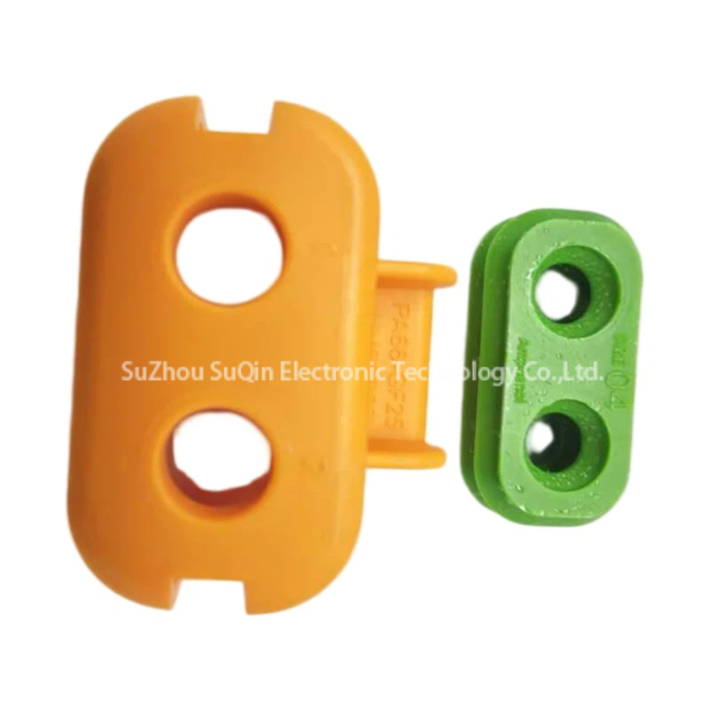 Bottom perspective of the Amphenol Excel-Mate HVC series 2P plug for electric vehicle auxiliary power systems.