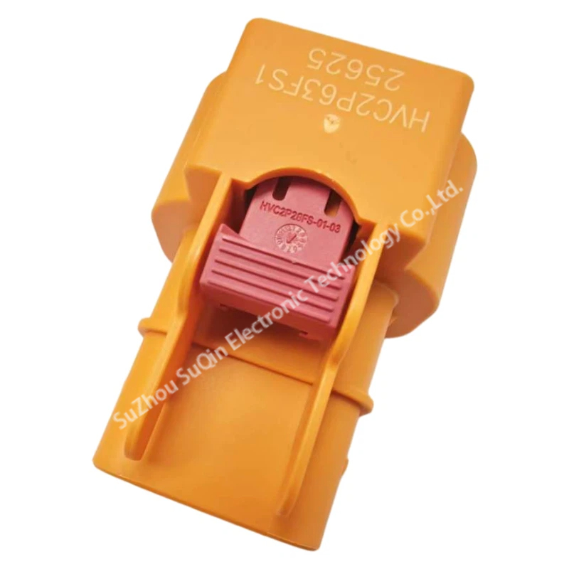 Side profile of HVC2P63FS104 showing the secure mechanical locking latch and rugged PBT housing.