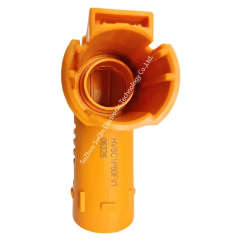 Vue frontale du boîtier orange HVSC1P80FV1 avec port d'entrée de câble à 90 degrés.