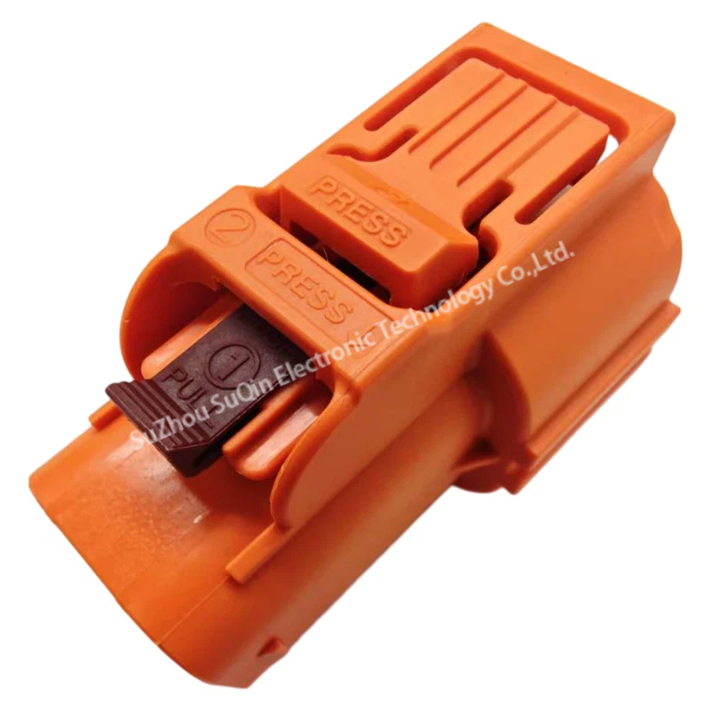 Side profile of the Amphenol HVSL362 orange plug housing showing the robust latch lock and the maroon "PULL" CPA mechanism.