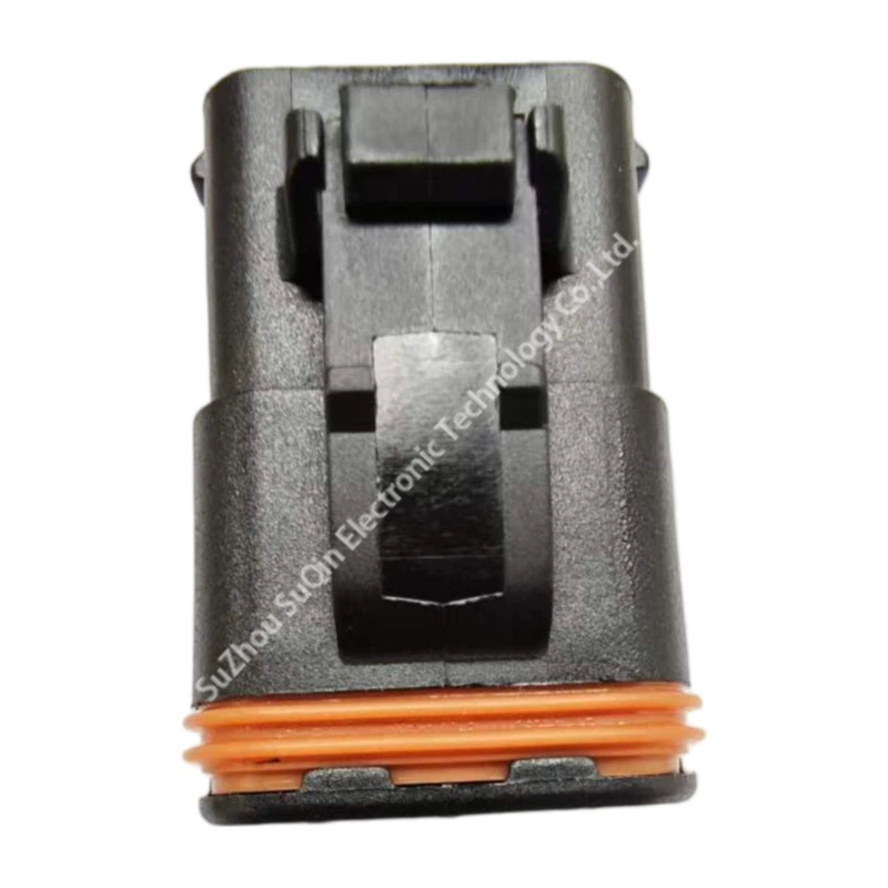 Back profile view of the TSL-FPD10SB heavy-duty connector housing focusing on the robust integrated black snap-lock mechanical latch arm and orange silicone seal ring.