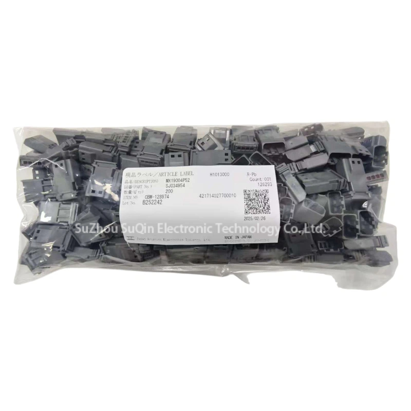 Embalaje industrial a granel para JAE MX19004P52 con etiquetas de número de pieza y cantidad.