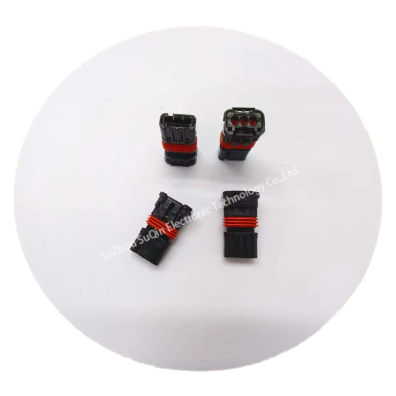 Main perspective of JAE MX80A04SZ1A 4-position waterproof socket housing in black.
