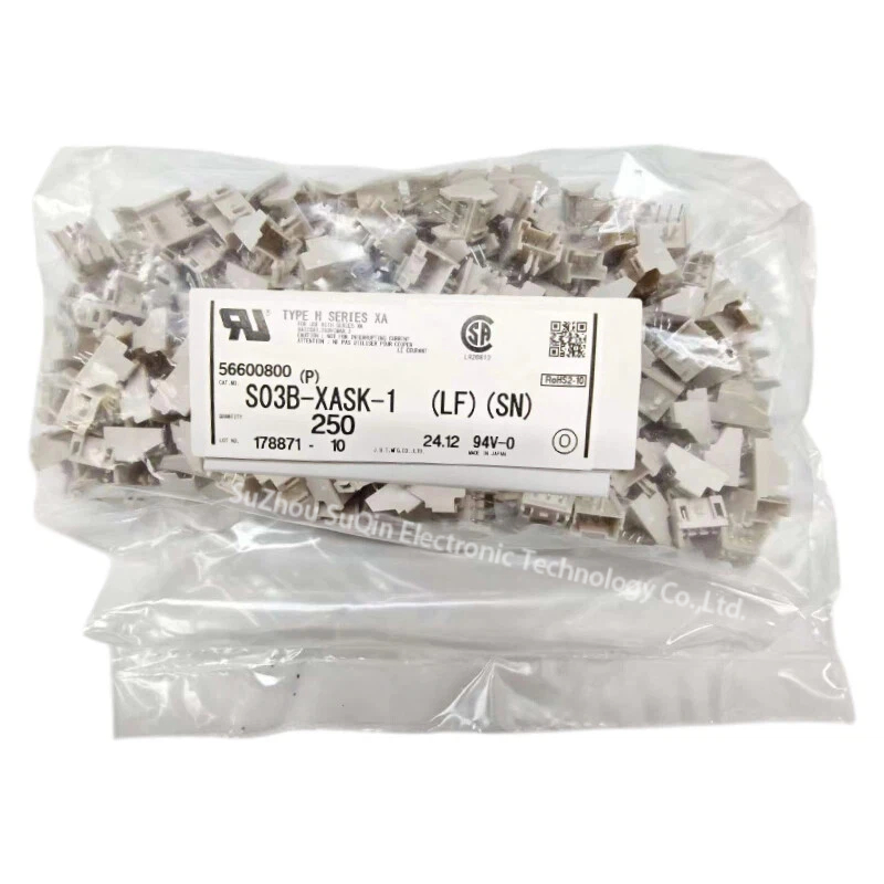 Industrielle Großpackungsansicht für JST S03B-XASK-1(LF)(SN)-Steckverbinder für die Massenproduktion.