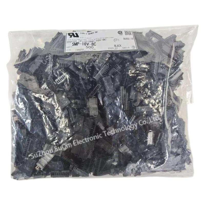 Industrial bulk packaging presentation showing a sealed plastic bag filled with 500 pieces of JST SMP-10V-BC housings, complete with an official factory label containing part details and tracking barcodes.