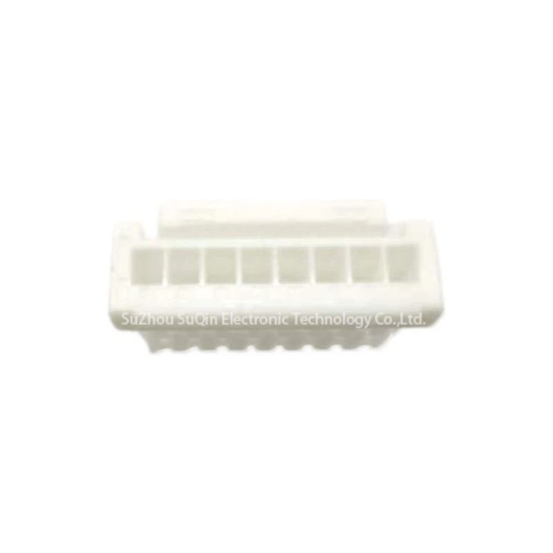 Isometric perspective of JST XMP-08V 8-pin housing illustrating the compact 2.5mm pitch profile.