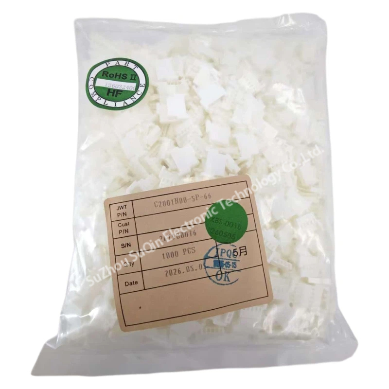 Original factory sealed package bag of JWT C2001H00-5P-66 connectors featuring product label with 1000 PCS quantity and RoHS II compliance seal.