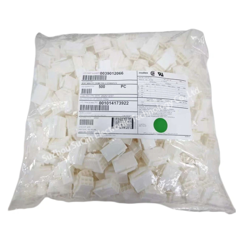 Factory original bulk packaging bag of Molex 0039012066 plug housings showing the manufacturer barcode label with quantity 500 pieces.