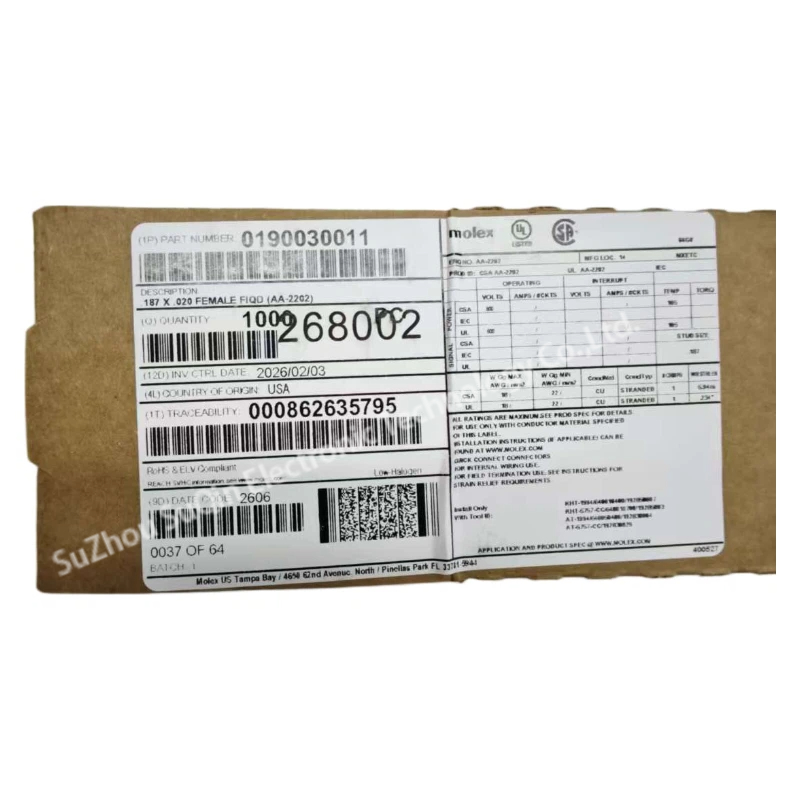 A collective group of red Molex 0190030011 fully insulated female spade crimp connectors spread across a clean white backdrop for wholesale.