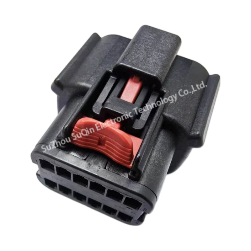 Isometric view of the black Molex 0334721206 connector housing focusing on the integrated mounting latch and the engaged red sliding Connector Position Assurance (CPA) lock.