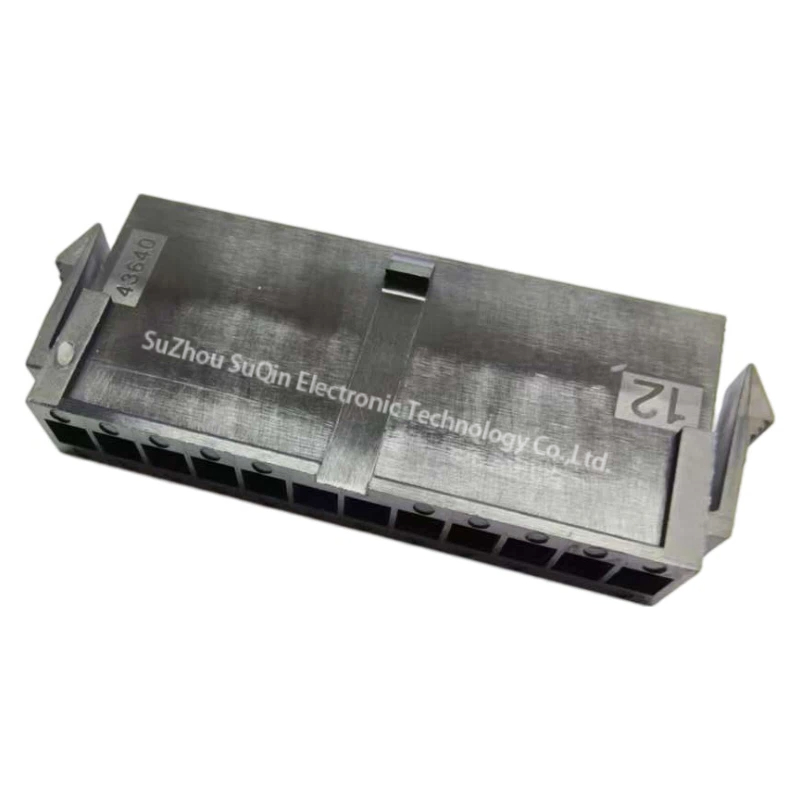 An isometric close-up view of a single Molex 0436401200 12-position plug housing highlighting the molded number 12 marking.