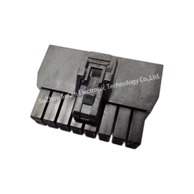 Isometric diagonal view of a single black Molex 105308-1216 wire-to-board receptacle housing highlighting the rugged integrated positive locking latch system.