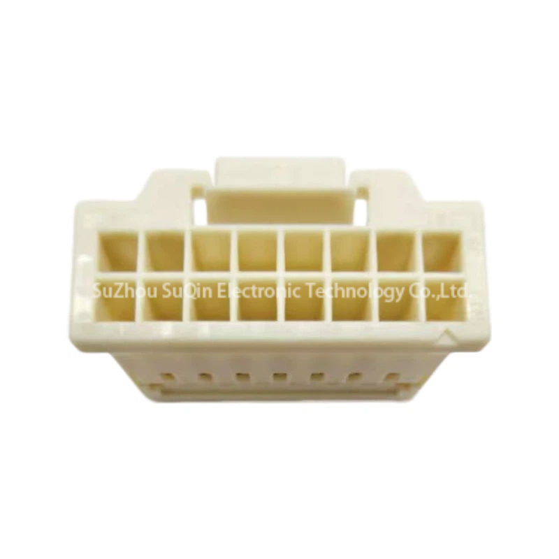 Top front-facing perspective of the natural colored 16-position Molex iGrid receptacle housing showing individual circuit slots.