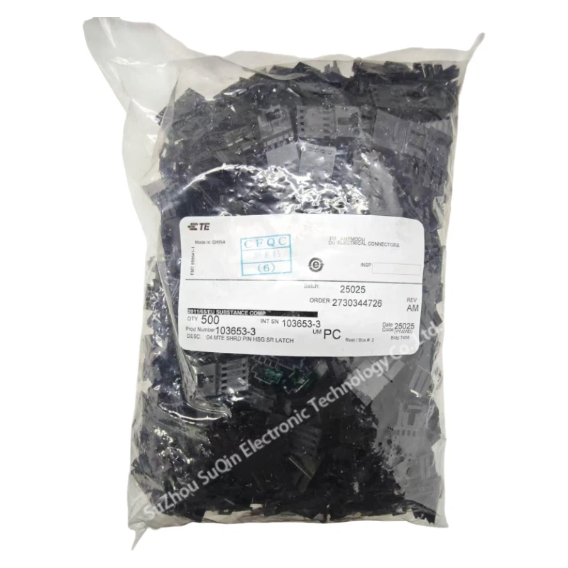 TE Connectivity factory label for 103653-3 with batch info and RoHS compliance at Suzhou Suqin.