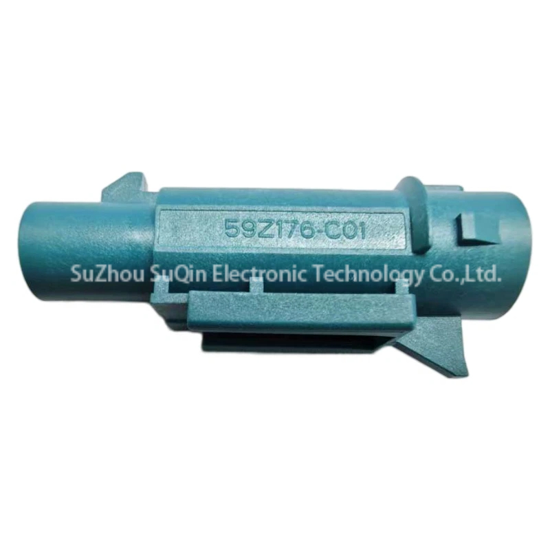 Bottom perspective view of the Rosenberger 59z176-c01-z plastic housing displaying the precision slide locking guide interface.