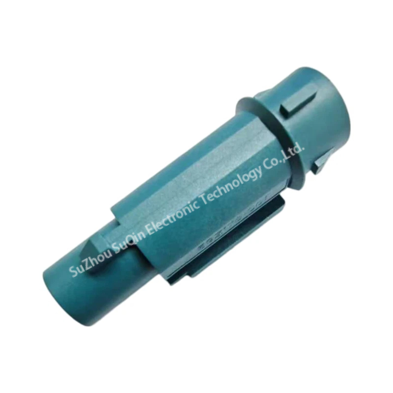 Top down isometric look at the water blue Rosenberger 59z176-c01-z single cavity FAKRA connector plug shell.